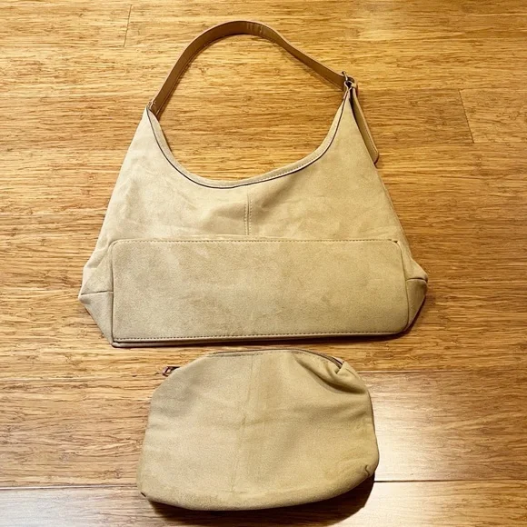 NEW! Faux Vegan Tan Beige Slouchy Suede Hobo Shoulder Bag with matching Purse - Picture 2 of 14